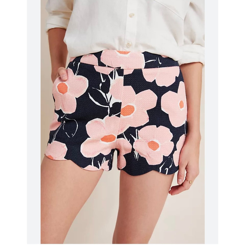 Anthropologie Navy Shorts with Pink Floral Scalloped Hem